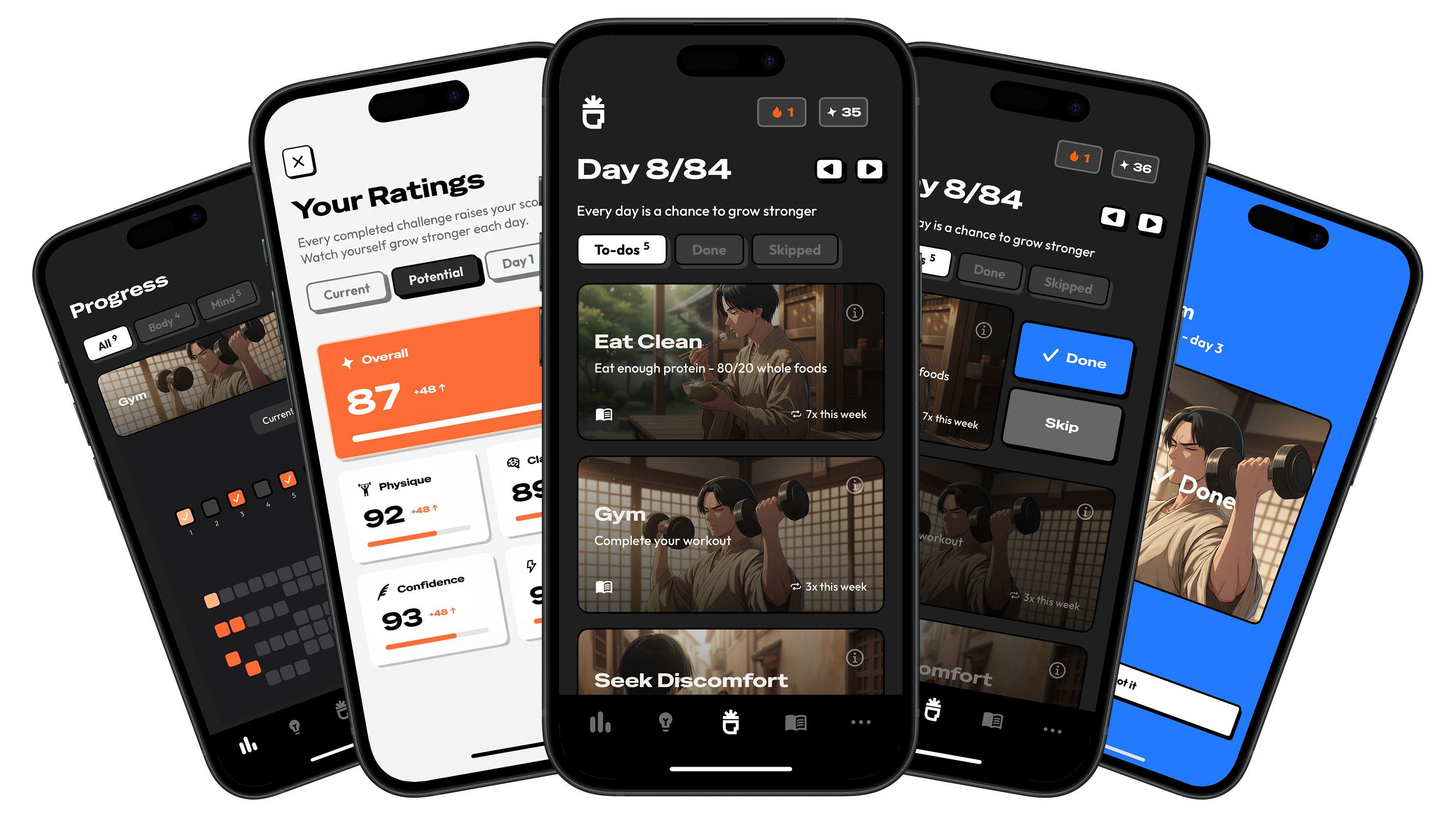 Monks app screens showing habit tracking, daily progress, ratings, and workout challenges