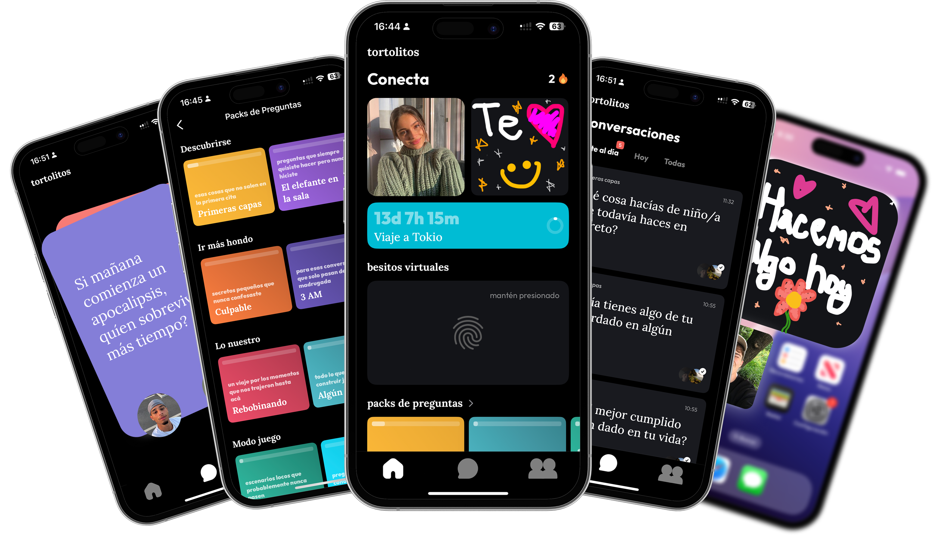 Tortolitos app screens showing couples connection features, question packs, and conversations